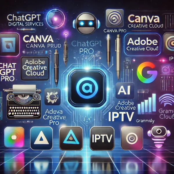 Category image for digital services featuring ChatGPT, Canva Pro, Adobe Creative Cloud, IPTV, and AI productivity tools with a futuristic neon design