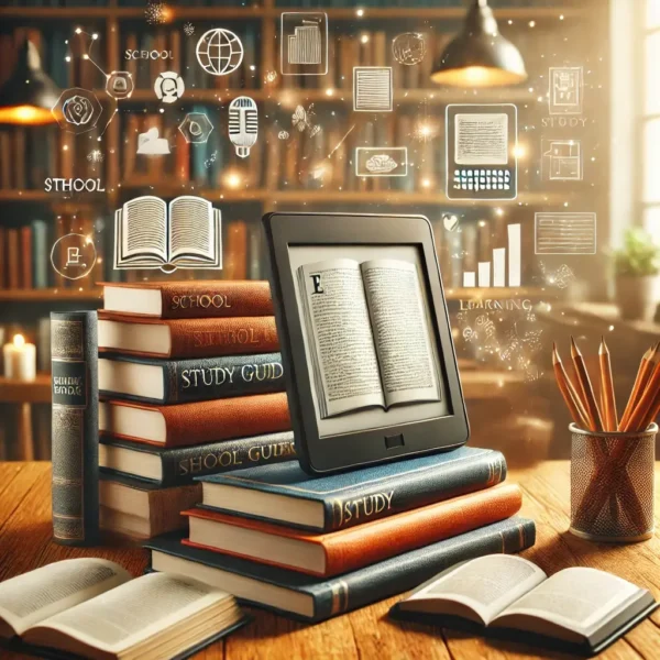 📌 “صورة تعرض مجموعة من الكتب التعليمية والمجلات الأكاديمية، تشمل كتب دراسية، أدلة دراسية، قارئ إلكتروني، ومكتبة دراسية ذات إضاءة دافئة.” 📌 “An image showcasing a collection of educational books and academic magazines, including textbooks, study guides, an e-reader, and a cozy study environment with warm lighting.”