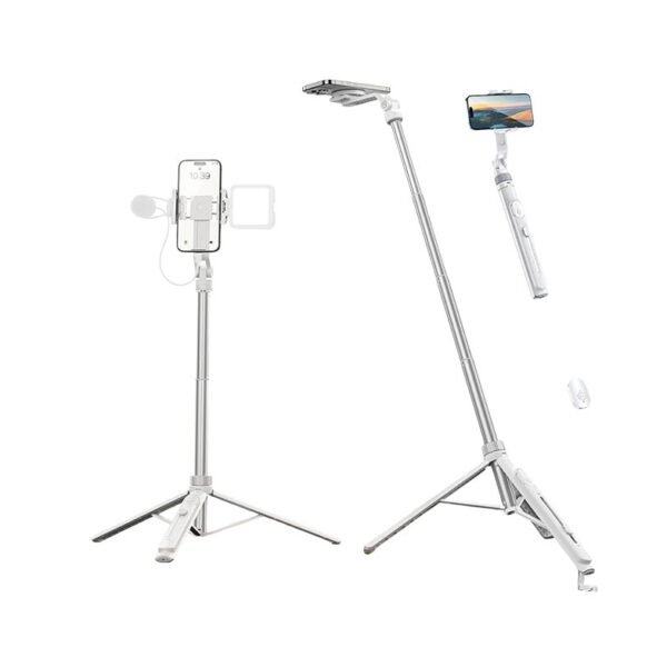 حامل / عصا سيلفي ULANZI TT88 متعدد الأوضاع مع MagSafe وتصميم أبيض يستخدم لتصوير الهاتف من أعلى ومن زوايا مختلفة.